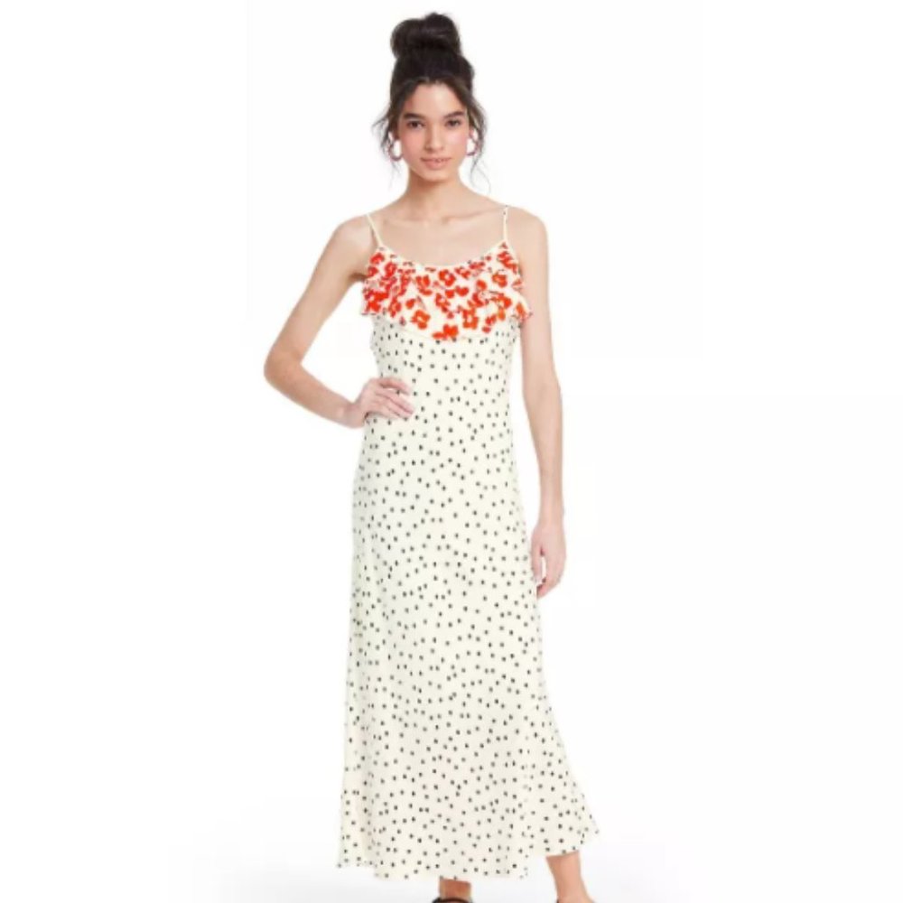 Polka Dot Sleeveless Ruffle Slip Dress